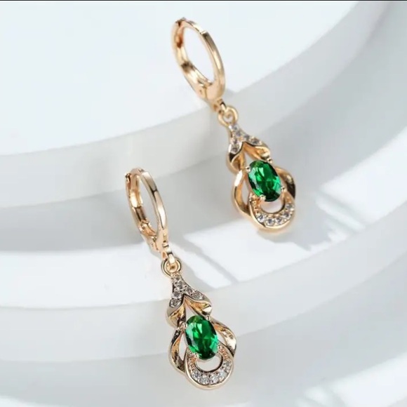 Classic Emerald and Diamond Gold Toned Leverback Earrings - Picture 1 of 2